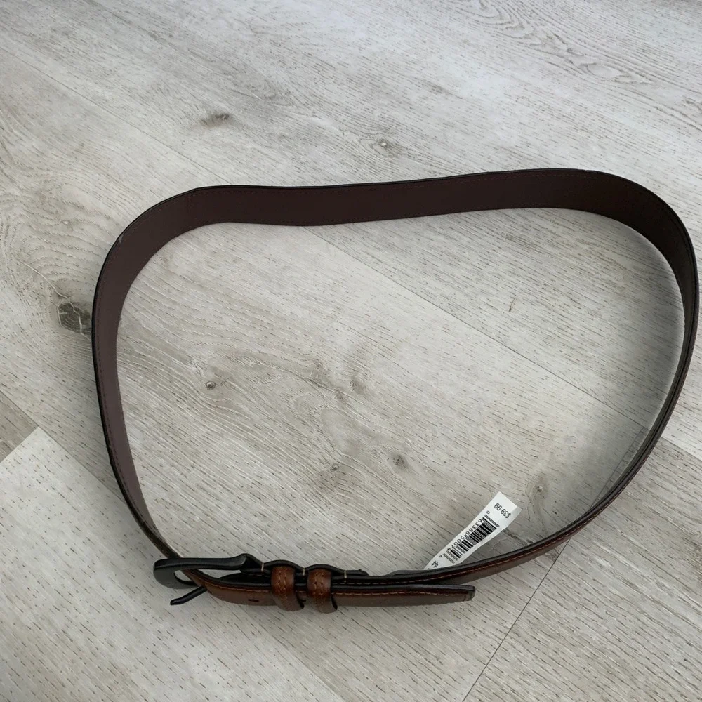 Mens Tan Brown Leather Stitched Belt Matte Black Buckle Size 44 6CTGDHAS70268